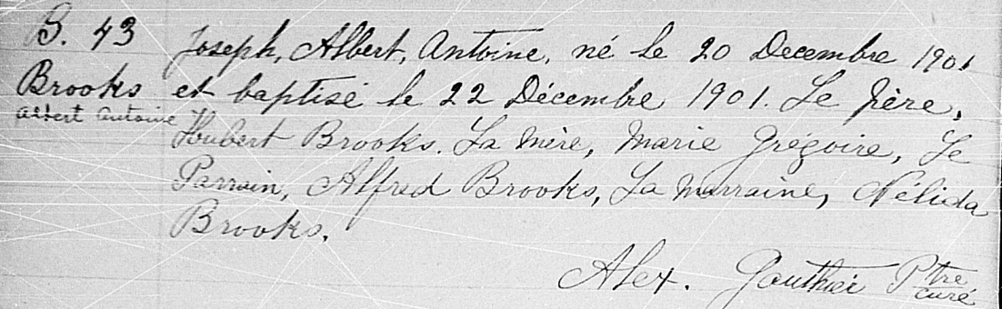St John The Baptist Catholic Church BAPTISM RECORD for Joseph (Albert Antoine) Brooks